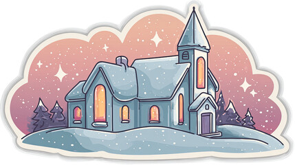 Charming Retro Sticker Illustration of a Snowy Church on a Hill