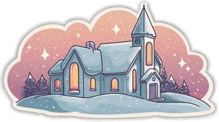 Charming Retro Sticker Illustration of a Snowy Church on a Hill