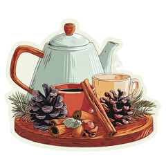 Cozy Vintage Sticker Illustration of Hot Tea Set with Pinecones and Spices