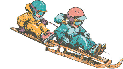 Retro illustration of kids with helmets and goggles sledding.