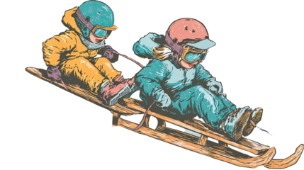 Retro illustration of kids with helmets and goggles sledding.