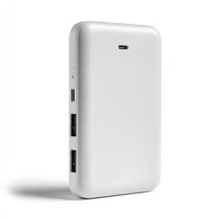 Sleek, white portable charger with multiple USB ports and a subtle shadow, isolated on a white background