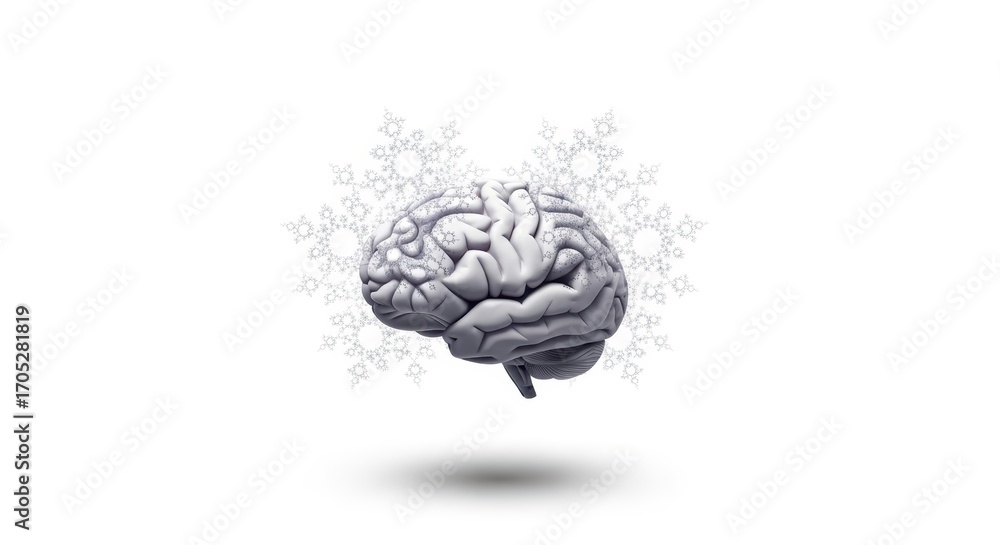 Poster gray brain model with fractal pattern on white background