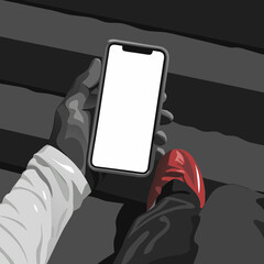 Person holding smartphone with blank white screen while walking down stairs, red shoes highlight.