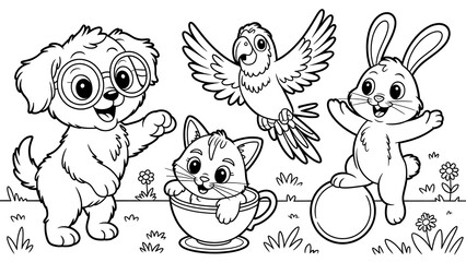 Fototapeta premium Adorable Coloring Page with Pets in a Garden Setting