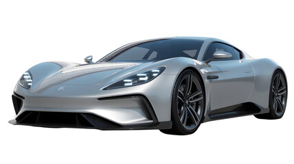 Sleek silver sports car showcases modern design elements and aerodynamic styling, a symbol of speed