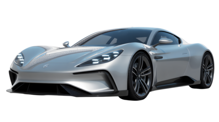 Sleek silver sports car showcases modern design elements and aerodynamic styling, a symbol of speed
