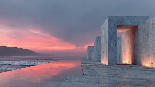 Concrete structures with warm light at dusk by the ocean with pink sky architecture building