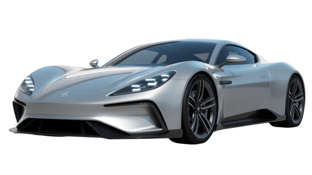Sleek silver sports car showcases modern design elements and aerodynamic styling, a symbol of speed