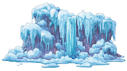 Wide illustration of a frozen waterfall with numerous icicles and snow.