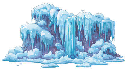 Wide illustration of a frozen waterfall with numerous icicles and snow.
