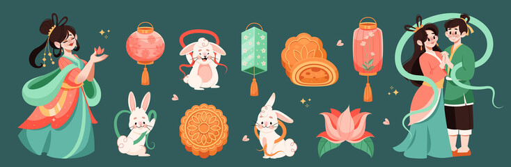 Flat Mid Autumn Chinese Cultural Traditions Original Set