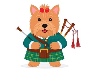 Cute dog dressed in kilt playing bagpipes