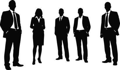 Business team silhouettes standing confidently, corporate professionals in formal attire, leadership, teamwork, diversity, success concept, group unity, professional business people image