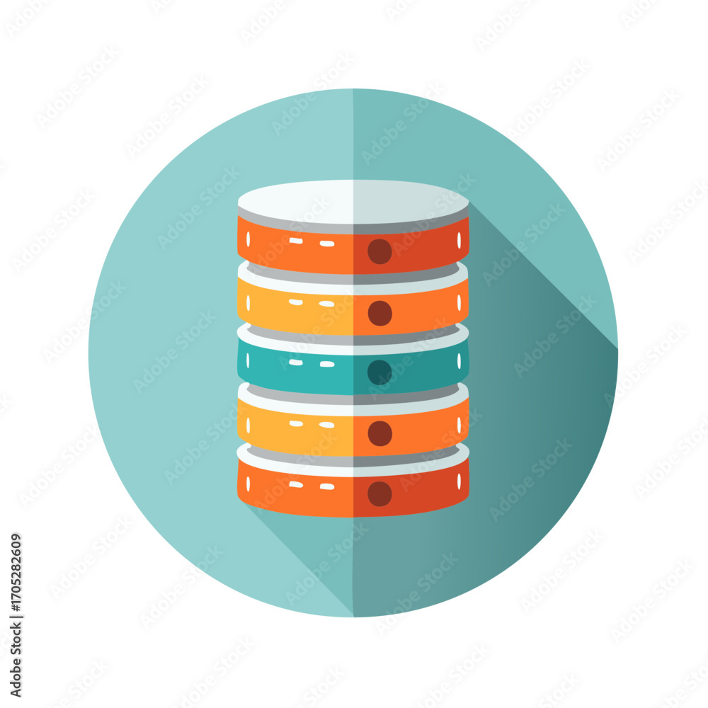 Poster stacked digital storage cylinders with colorful bands and shadows representing data and technology