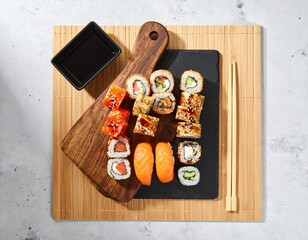 Assorted Sushi Rolls and Nigiri on Board