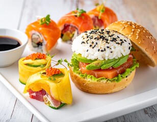 Colorful sushi burger and rolls with soy sauce.