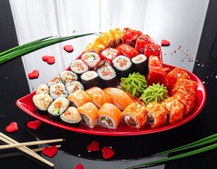 A heart-shaped sushi platter with various rolls, garnished with wasabi.