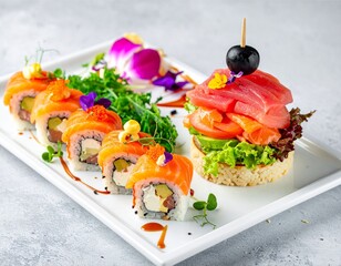 Exquisite sushi platter with vibrant salmon rolls.