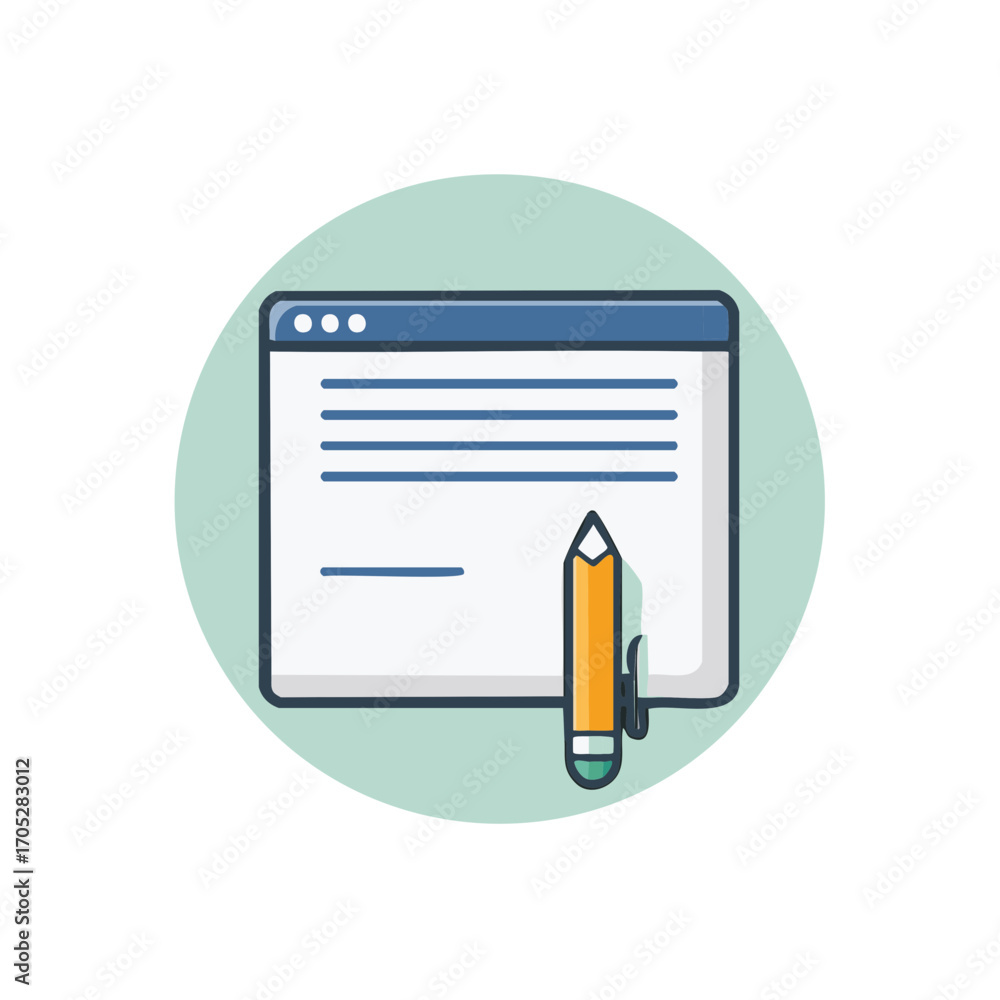 Poster vector icon of a browser window and pencil symbolizing content creation, digital writing, and editin