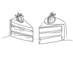Two continuous line art slices of layered cake with strawberries