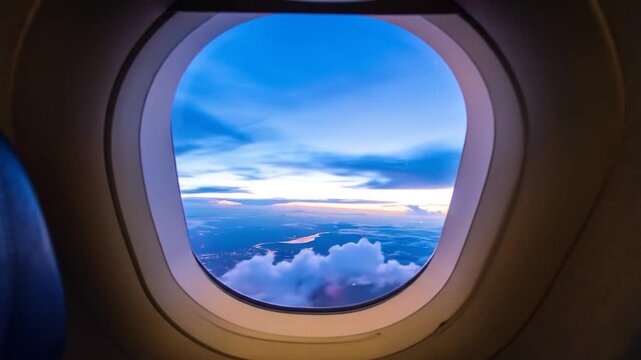 Airplane window view of blue sky, clouds, city lights. Interior frame visible