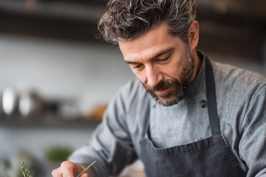 Focused chef carefully prepares food in a modern kitchen. Captures dedication, precision, and culinary passion. Ideal for cooking, restaurant, and food industry related content.