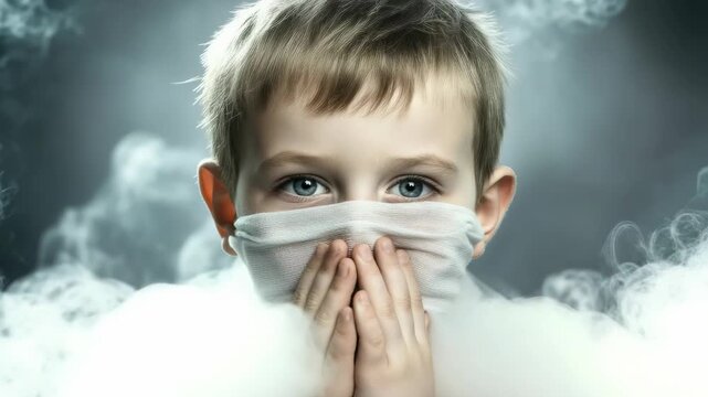 Innocent young child wearing white face mask. Thick toxic smoke fills the air around him. Passive tobacco smoke pollution is a grave health risk and silent unseen danger.