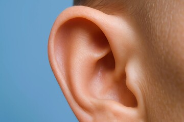 Naklejka premium A detailed macro image of a human ear highlights its curves, textures, and skin tones with striking clarity against a clean blue background.