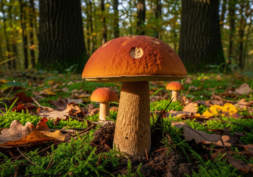 Bolets orang&eacute;s poussant dans la for&ecirc;t d'automne