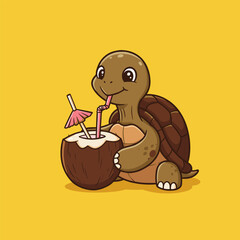 A happy cartoon turtle sits on the ground, sipping from a coconut with a pink straw and umbrella, radiating a relaxed tropical vibe against a bright yellow background.