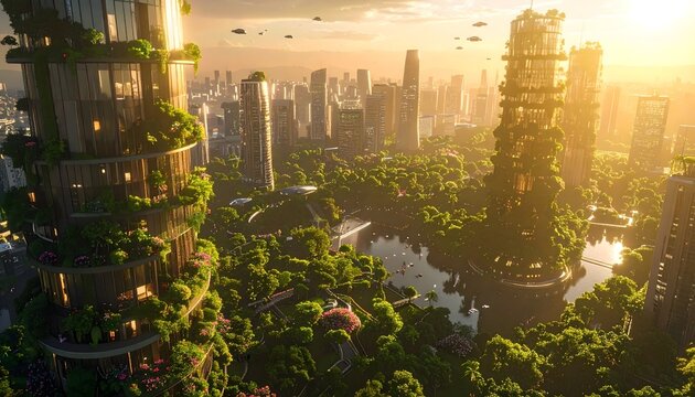 Eco-friendly futuristic cityscape showcasing sustainable architecture that blends nature and technology in a utopian urban environment
