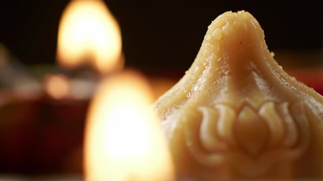 Macro close up of Modak sweet with diya lamps for Ganesh Chaturthi festival.
