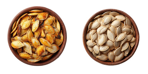 Pumpkin Seeds: An inviting close-up of two bowls filled with delicious pumpkin seeds, highlighting both roasted and natural varieties.