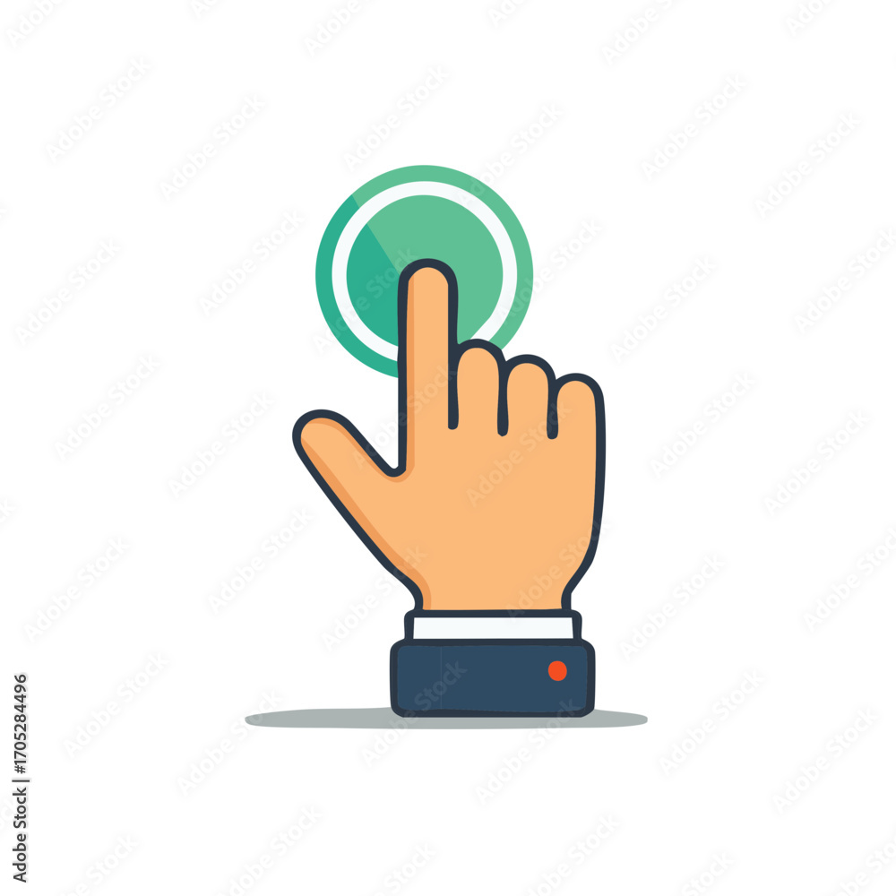 Poster fingertip pressing a green circle button symbol representing activation or selection
