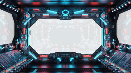 Grunge dark spaceship cockpit with isolated cut out transparent window. Futuristic black starship interior with glowing lights. 3D rendering