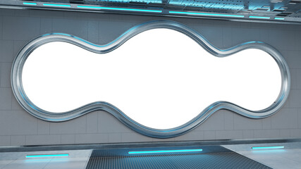 White spaceship interior with isolated cut out transparent modern window. Futuristic starship with glowing blue lights