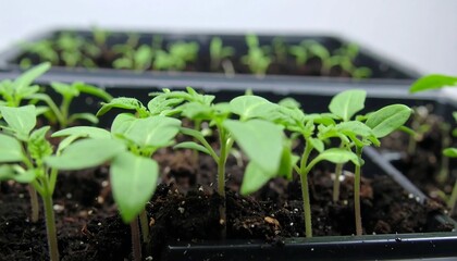 Young tomato seedlings in a tray