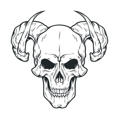 A skull with large, curved horns and empty eye sockets.