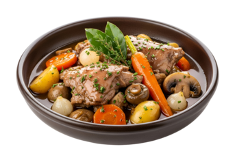 A rich, hearty stew of chicken, vegetables, and herbs, served in a dark brown bowl, against a black backdrop.