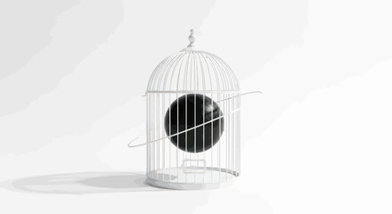 Monochromatic birdcage holding a dark sphere within its white wire frame isolated