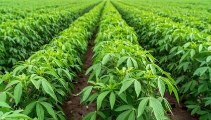 Lush green cassava plants in rows
