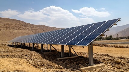 Rows of solar panels on metal supports in a desert landscape