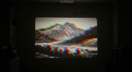 Glitchy mountain landscape projection in a dimly lit room.