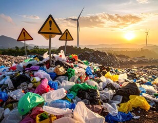 Children Learning About Plastic Pollution Environmental Educational Poster Sunset Landscape