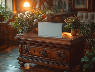A blank card rests on an ornate wooden chest surrounded by delicate flowers illuminated by warm soft light