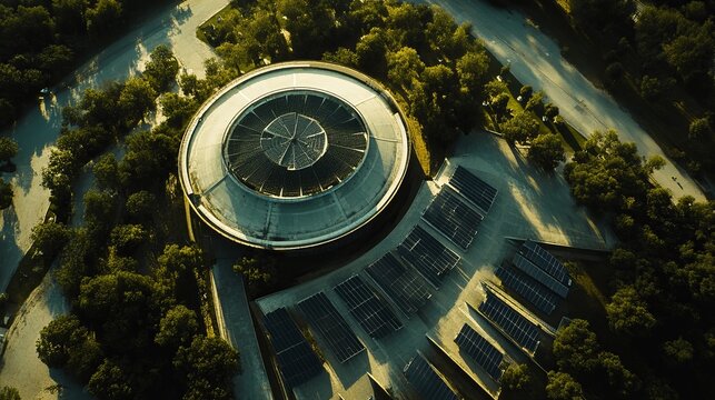 High-angle view of circular building with solar panels, surrounded by trees and pathways - Powered by Adobe