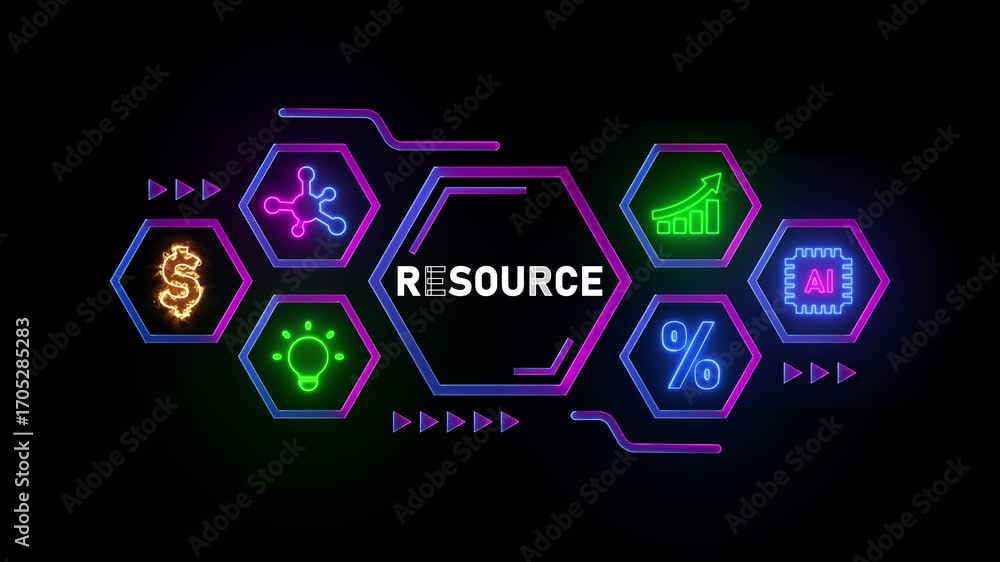 Poster neon hexagons with resource text and icons on black background