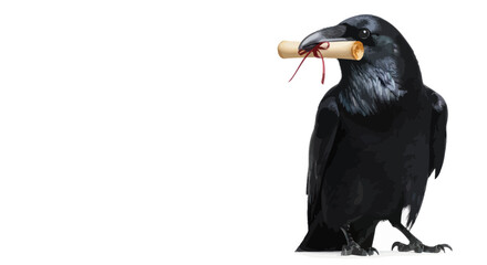 Mysterious raven bearing a cryptic scroll with vintage charm conveying a significant message