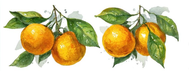 Obraz premium Two vibrant oranges on a branch, with watercolor-style leaves and splashes